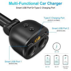 Incarcator auto QC Silkase, 2 x porturi USB smart, 1 x Type C, 2 x extensie socket auto, negru