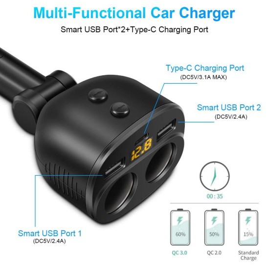 Incarcator auto QC Silkase, 2 x porturi USB smart, 1 x Type C, 2 x extensie socket auto, negru (SILKASE, Incarcatoare Auto) by www.silkase.ro Incarcator auto QC Silkase, 2 x porturi USB smart, 1 x Type C, 2 x extensie socket auto, negru (Incarcatoare Auto, L0029) by www.silkase.ro