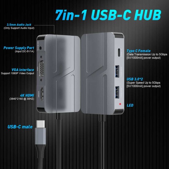 Hub SILKASE, 7 multi-port, USB-C 3.0/USB-A 3.0/HDMI 4K/VGA FullHD/3.5 audio jack, metalic gri (SILKASE, Hub uri) by www.silkase.ro Hub SILKASE, 7 multi-port, USB-C 3.0/USB-A 3.0/HDMI 4K/VGA FullHD/3.5 audio jack, metalic gri (Hub uri, L0050) by www.silkase.ro