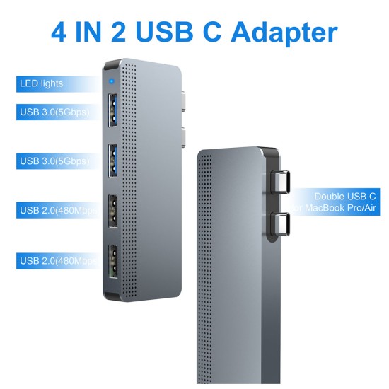 Dublu Hub SILKASE USB 3.0 Type-C pentru Macbook, 2x USB-A 3.0/2x USB-A 2.0, gri metalic (Hub uri, L0055) by www.silkase.ro