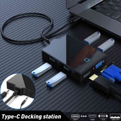 Hub SILKASE USB 3.0 Type-C, 8 multi-port, 4x USB-A 3.0/HDMI 4K/VGA FullHD/3.5mm Audio, Negru