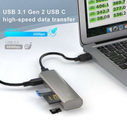 Hub Gen 2 SILKASE USB 3.1 Type-C, 5 multi-port, 2x USB-C 3.1/USB-A 3.1/SD card 3.0/TF card 3.0, gri metalic