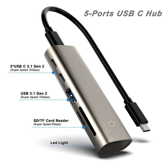 Hub Gen 2 SILKASE USB 3.1 Type-C, 5 multi-port, 2x USB-C 3.1/USB-A 3.1/SD card 3.0/TF card 3.0, gri metalic (SILKASE, Hub uri) by www.silkase.ro Hub Gen 2 SILKASE USB 3.1 Type-C, 5 multi-port, 2x USB-C 3.1/USB-A 3.1/SD card 3.0/TF card 3.0, gri metalic (Hub uri, L0064) by www.silkase.ro
