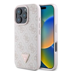 Husă Guess PU 4G Strass Triangle Metal Logo pentru iPhone 16 Pro Max, Pink