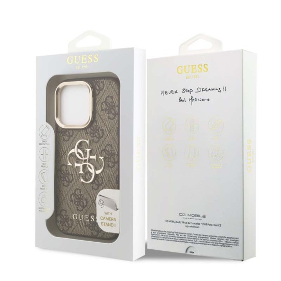 Husa Guess 4G pentru iPhone 16 Pro Max Metal Logo Stand Camera Frame maro (iPhone 16 Pro Max, 57983125150) by www.silkase.ro