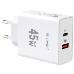 Încărcător Retea Lemontti GaN Fast Charge 45W, 1 x PD Type-C + 1 x USB-A Quick Charge 3.0, Alb