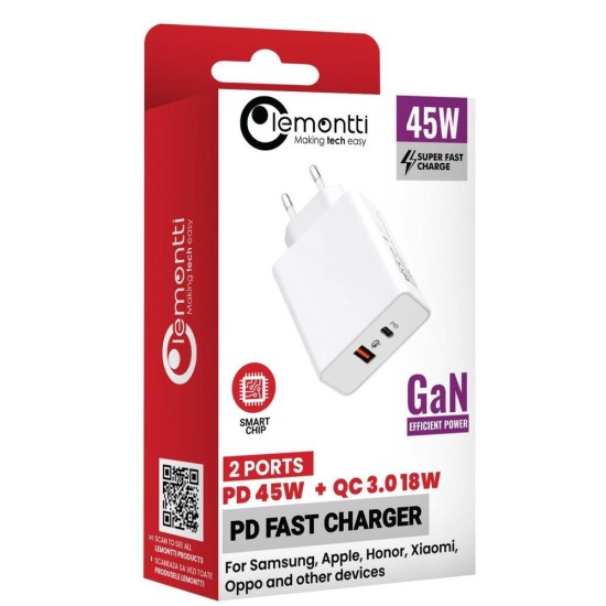 Încărcător Lemontti GaN 45W Alb Încărcător Retea Lemontti GaN Fast Charge 45W, 1 x PD Type-C + 1 x USB-A Quick Charge 3.0, Alb (Incarcatoare, LIRGFC45WQCA) by www.silkase.ro