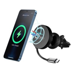 Lemontti Suport Auto MagSafe Magnetic cu Încărcare Wireless și Cablu Retractabil Type-C 1m, Negru