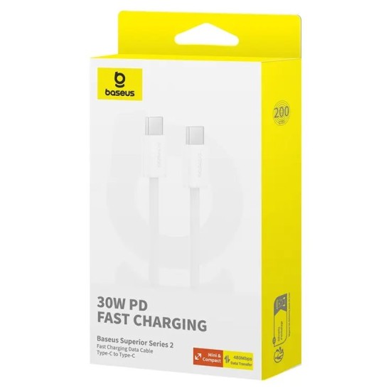 Cablu de date Baseus Superior Series ll, USB-C, 30W, transfer 480Mb/s, 2m, alb (iPhone 17 Pro Max, 57983118433) by www.silkase.ro