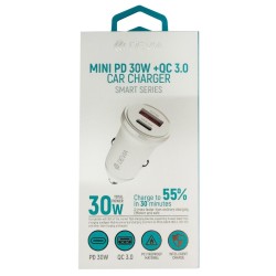 Încărcător Auto Devia Smart Series Mini PD 30W + QC 3.0, USB-A și USB-C, Alb