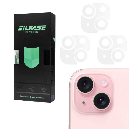 Set 3 folii SILKASE pentru Apple iPhone 15 Plus, protectie camera foto, silicon regenerabil (iPhone 15, C0512) by www.silkase.ro