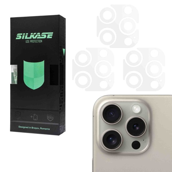 Set 3 folii SILKASE pentru Apple iPhone 15 Pro, protectie camera foto, silicon regenerabil (SILKASE, iPhone 15 Pro) by www.silkase.ro Set 3 folii SILKASE pentru Apple iPhone 15 Pro, protectie camera foto, silicon regenerabil (iPhone 15 Pro, C0513) by www.silkase.ro