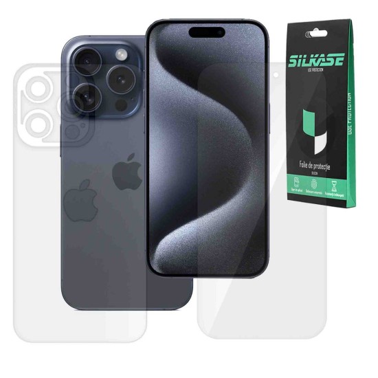 Set 2 folii Mix SILKASE pentru Apple Iphone 15 Pro Max, folie fata lucioasa si folie spate mata, protectie telefon, silicon regenerabil (iPhone 15 Pro Max, F6192) by www.silkase.ro