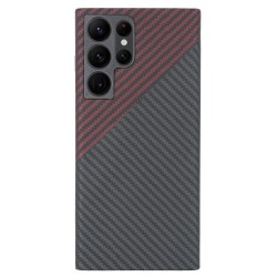 Husa fibra de carbon SILKASE pentru Samsung S22 Ultra, MagSafe, protectie camera metalica, aramid kevlar, rosu/negru