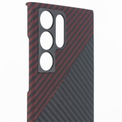 Husa fibra de carbon SILKASE pentru Samsung S22 Ultra, MagSafe, protectie camera metalica, aramid kevlar, rosu/negru Husa fibra de carbon SILKASE pentru Samsung S22 Ultra, MagSafe, protectie camera metalica, aramid kevlar, rosu/negru