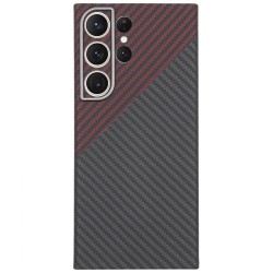 Husa fibra de carbon SILKASE MagSafe pentru Samsung S23 Ultra, protectie camera, aramid kevlar, negru/rosu
