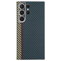 Husa fibra de carbon SILKASE MagSafe pentru Samsung S23 Ultra, protectie camera, aramid kevlar, albastru/galben