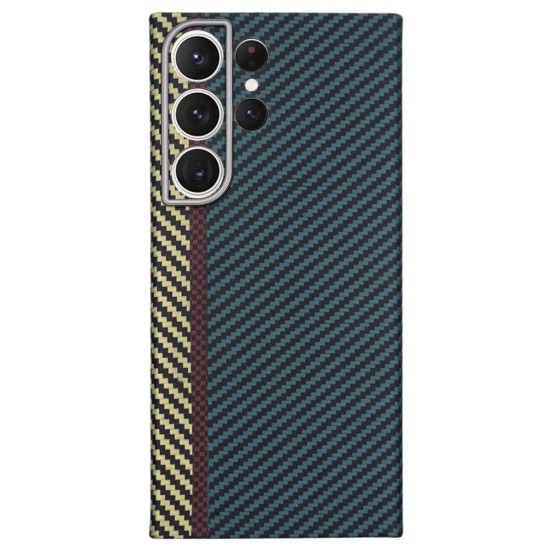 Husa fibra de carbon SILKASE MagSafe pentru Samsung S23 Ultra, protectie camera, aramid kevlar, albastru/galben (Telefoane Samsung, H2195) by www.silkase.ro