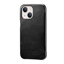 Husa flip iCarer, pentru Apple iPhone 13, din piele, tip carte cu clapeta curbata, negru