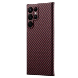 Husa fibra de carbon SILKASE pentru Samsung Galaxy S23 Ultra, protectie camera, aramid kevlar, negru/rosu