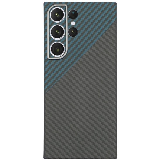 Husa fibra de carbon SILKASE MagSafe pentru Samsung Galaxy S23 Ultra, inel protectie camera, aramid kevlar, negru/albastru (Telefoane Samsung, H2236) by www.silkase.ro