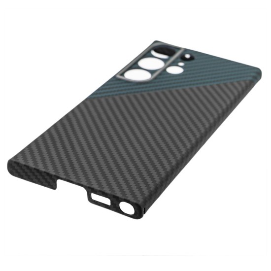 Husa fibra de carbon SILKASE MagSafe pentru Samsung Galaxy S23 Ultra, inel protectie camera, aramid kevlar, negru/albastru (Telefoane Samsung, H2236) by www.silkase.ro