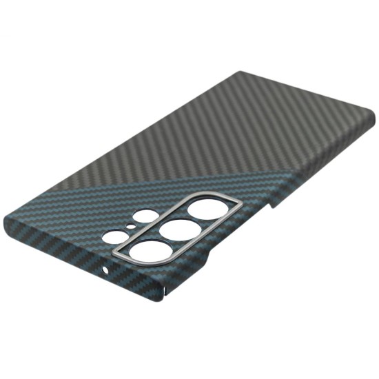 Husa fibra de carbon SILKASE MagSafe pentru Samsung Galaxy S23 Ultra, inel protectie camera, aramid kevlar, negru/albastru (Telefoane Samsung, H2236) by www.silkase.ro