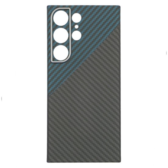 Husa fibra de carbon SILKASE MagSafe pentru Samsung Galaxy S23 Ultra, inel protectie camera, aramid kevlar, negru/albastru (Telefoane Samsung, H2236) by www.silkase.ro