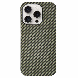 Husa fibra de carbon MagSafe SILKASE pentru Apple iPhone 15 Pro, aramid kevlar, metal camera, galben