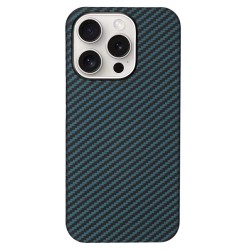 Husa fibra de carbon SILKASE pentru Apple iPhone 15 Pro, aramid kevlar, metal camera, albastru