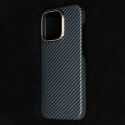 Husa fibra de carbon SILKASE pentru Apple iPhone 15 Pro, aramid kevlar, metal camera, albastru
