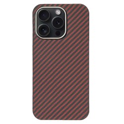 Husa fibra de carbon MagSafe SILKASE pentru Apple iPhone 15 Pro, aramid kevlar, metal camera, rosu