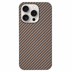 Husa fibra de carbon MagSafe SILKASE pentru Apple iPhone 15 Pro, aramid kevlar, metal camera, auriu/negru