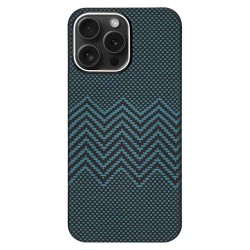 Husa fibra de carbon MagSafe SILKASE pentru Apple iPhone 15 Pro Max, aramid kevlar, metal camera, albastru