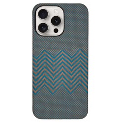Husa fibra de carbon MagSafe SILKASE pentru Apple iPhone 15 Pro Max, aramid kevlar, metal camera, pacific blue/portocaliu