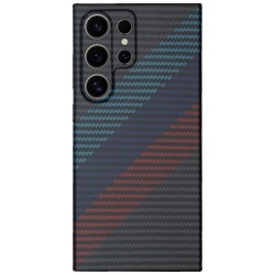Husa fibra de carbon SILKASE pentru Samsung Galaxy S24 Ultra, aramid kevlar, protectie camera, albastru/rosu