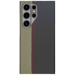 Husa fibra de carbon MagSafe  SILKASE pentru Samsung Galaxy S24 Ultra, aramid kevlar, metal camera, negru/galben