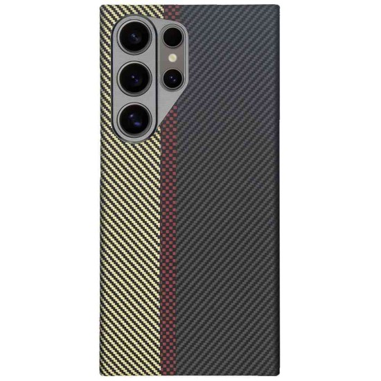 Husa fibra de carbon MagSafe  SILKASE pentru Samsung Galaxy S24 Ultra, aramid kevlar, metal camera, negru/galben (Telefoane Samsung, H2482) by www.silkase.ro