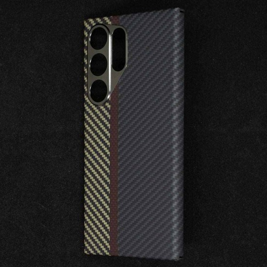 Husa fibra de carbon MagSafe  SILKASE pentru Samsung Galaxy S24 Ultra, aramid kevlar, metal camera, negru/galben (Telefoane Samsung, H2482) by www.silkase.ro