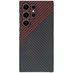 Husa fibra de carbon SILKASE pentru Samsung Galaxy S24 Ultra, aramid kevlar, protectie camera, negru/rosu