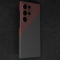 Husa fibra de carbon SILKASE pentru Samsung Galaxy S24 Ultra, aramid kevlar, protectie camera, negru/rosu