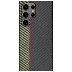 Husa fibra de carbon SILKASE pentru Samsung Galaxy S24 Ultra, aramid kevlar, protectie camera, negru/galben (RESIGILAT,LOVIT)