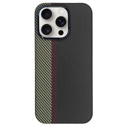 Husa fibra de carbon MagSafe SILKASE pentru Apple iPhone 16 Pro, aramid kevlar, metal camera, negru/galben