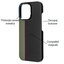 Husa fibra de carbon MagSafe SILKASE pentru Apple iPhone 16 Pro, aramid kevlar, metal camera, negru/galben Husa fibra de carbon MagSafe SILKASE pentru Apple iPhone 16 Pro, aramid kevlar, metal camera, negru/galben