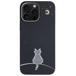 Husa fibra de carbon Magsafe SILKASE pentru Apple iPhone 16 Pro Max, aramid kevlar, negru mat, model pisica