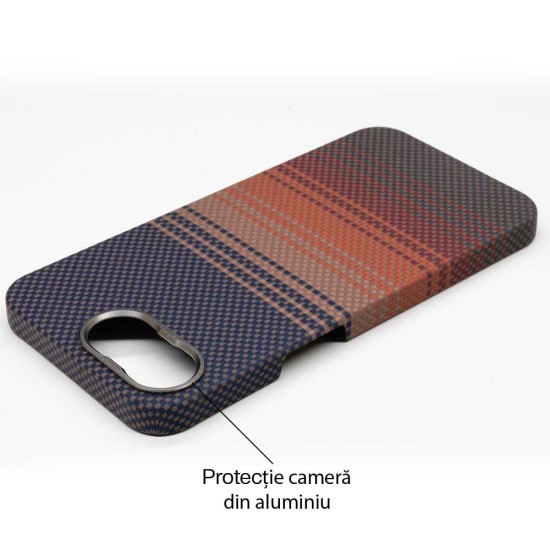 Husa fibra de carbon MagSafe SILKASE pentru iPhone 17e/16e, aramid kevlar, metal camera, sunset (iPhone 17e, H2762) by www.silkase.ro