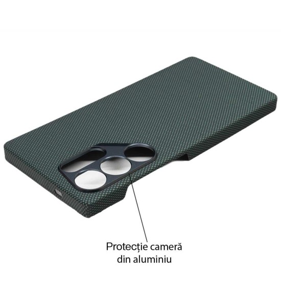Husa fibra de carbon MagSafe SILKASE pentru Samsung S25 Ultra, aramid kevlar, metal camera, verde (S25 Ultra, H2764) by www.silkase.ro