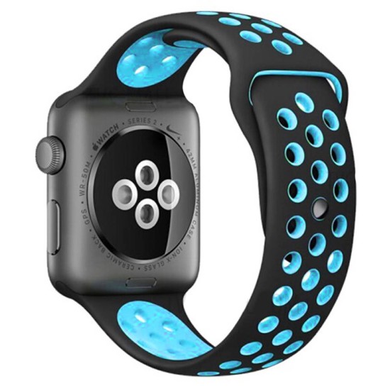 Curea SILKASE pentru Apple iWatch, Sport Liquid silicone, 38/40/41mm, negru/albastru cyan (SILKASE, Apple) by www.silkase.ro SILKASE Curea Sport Silicon Lichid Apple Watch 42/41/40/38mm (Seria 11/SE), Negru/Albastru Cyan (Apple, W0986) by www.silkase.ro