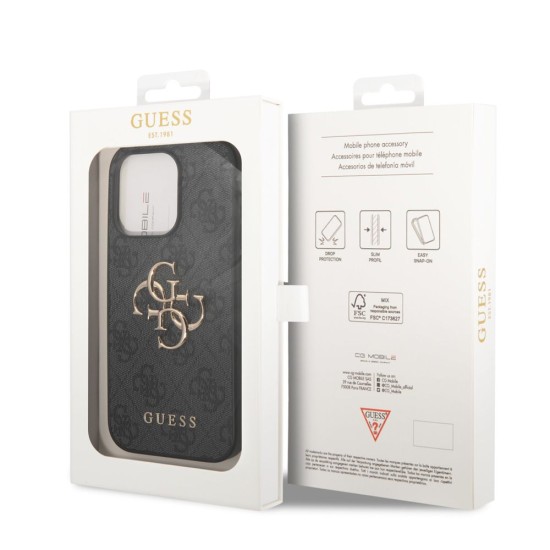 Husa Guess PU 4G Metal Logo pentru iPhone 14 Pro, Gri (Bakr, GUHCP14L4GMGGR) by www.silkase.ro