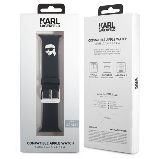 Curea Karl Lagerfeld NFT Karl Head pentru Apple Watch 42/44/45/49mm, Neagra (Bakr, KLAWLSLKNK) by www.silkase.ro